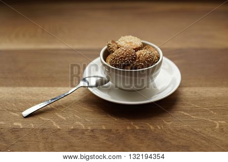 Homemade cookies with sesame seeds. Breakfast cookie. Dessert cookies. Cookies. Cookie. Tea cup