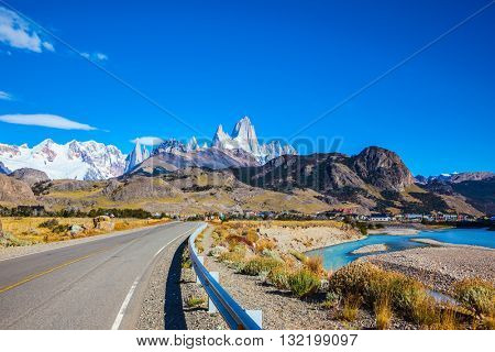 Sunny day in February in Argentine Patagonia. The beautiful  highway to the majestic mountain Fiz Roy