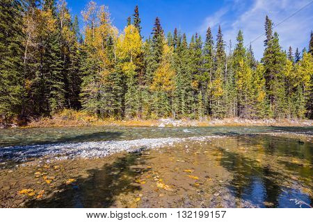 Mountain valley and beneaped river near the town of Banff. Rocky Mountains, Canada