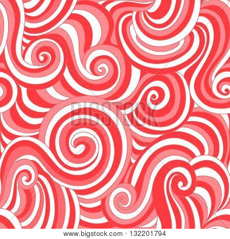 Abstract red and white vector seamless pattern with curved lines like lolipops. Endless vector texture
