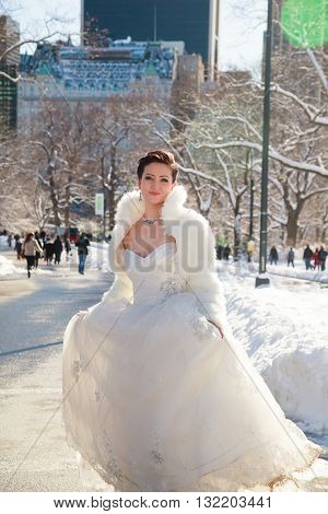 Bride In The Winter Against The Backdrop Of New York