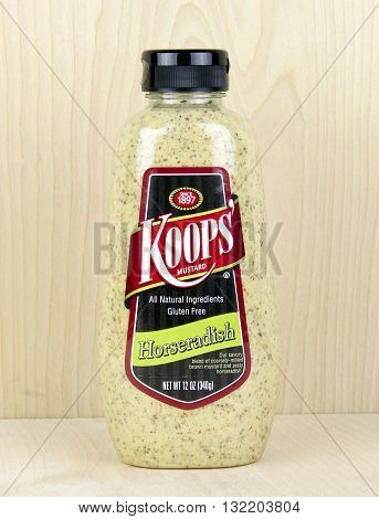 Spencer Wisconsin May 31 2016 Jar of Koops' Horseradish musatard Koops' is an American based company founded in 1897