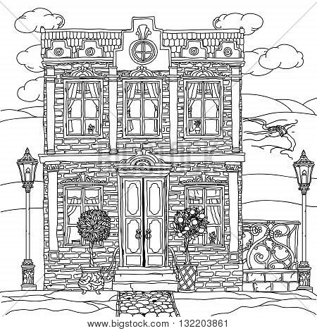 Black and white illustration of a house with details for adult coloring book or for zen art therapy anti stress drawing. Hand-drawn, vector, very detailed, for coloring book, poster design, uncolored