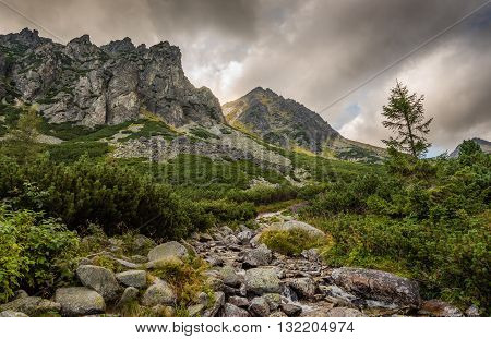 Mountain Landscape with a Creek and Rocks in Foreground on Cloudy Day. Mlynicka Valley High Tatra Slovakia.