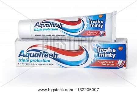 CHISINAU MOLDOVA - March 23 2016. Aquafresh Toothpaste with Sugar Acid Protection.Aquafresh is a brand of oral healthcare products founded in 1973 and manufactured by GlaxoSmithKline