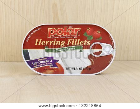 Spencer Wisconsin May 31 2016 Can of Polar Herring Fillets in Tomato Sauce Polar Herring Fillets are a product of Germany and founded in 1976