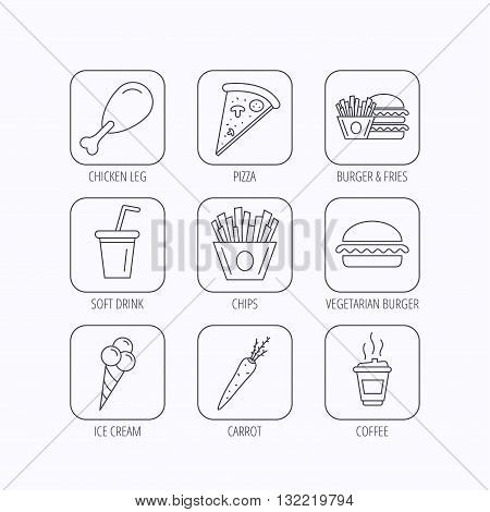 Vegetarian burger, pizza and soft drink icons. Coffee, ice cream and chips fries linear signs. Chicken leg, carrot icons. Flat linear icons in squares on white background. Vector