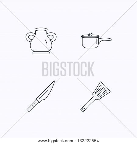Saucepan, kithcen knife and utensils icons. Vase linear sign. Flat linear icons on white background. Vector