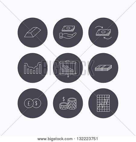 Banking, cash money and statistics icons. Money flow, gold bar and dollar usd linear signs. Dynamics chart, coins and savings icons. Flat icons in circle buttons on white background. Vector