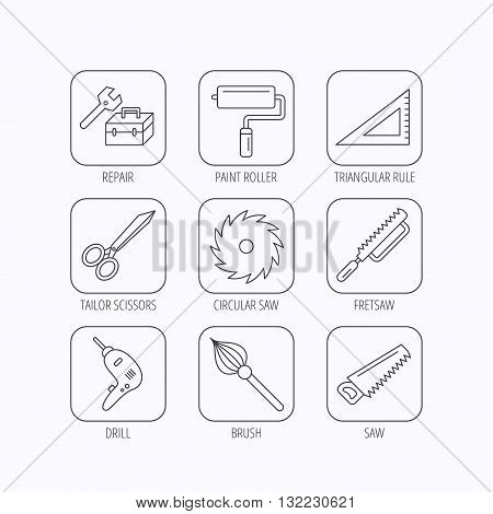 Scissors, paint roller and repair tools icons. Fretsaw, circular saw and brush linear signs. Triangular rule, drill icons. Flat linear icons in squares on white background. Vector