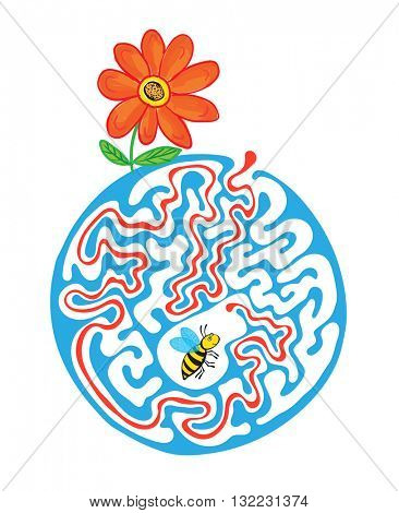 Maze puzzle for kids with bee and flower. Labyrinth illustration, solution included.