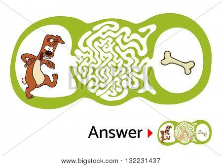 Maze puzzle for kids with dog and bone. Labyrinth illustration, solution included.