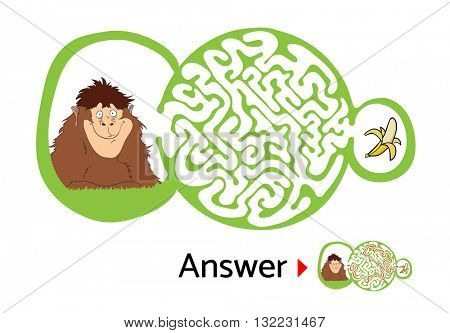 Maze puzzle for kids with monkey and banana. Labyrinth illustration, solution included.