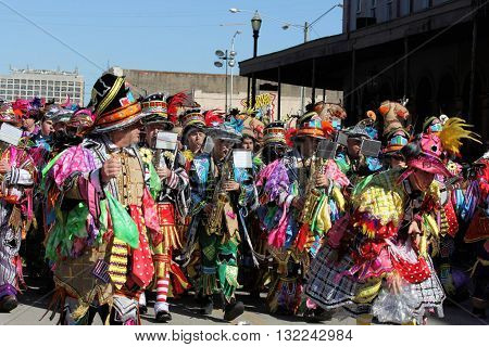 GALVESTON, TEXAS / USA - FEBRUARY 7, 2016: The Quaker City String Band Philadelphia Mummers open the 12th Annual Firefighter's Children's Parade at Galveston's Mardi Gras Celebration.