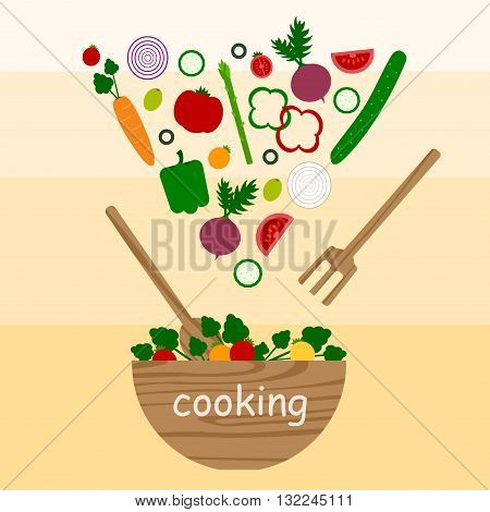 cooking salad with many vegetables and spoon,fork