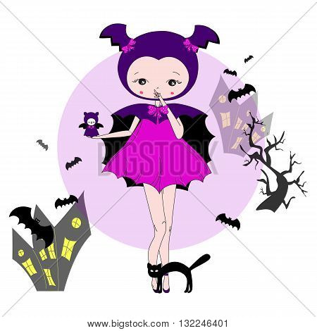 Cute little girl in a suit with a toy. Character design illustration. Halloween. Masquerade. Print for children. Background for kids