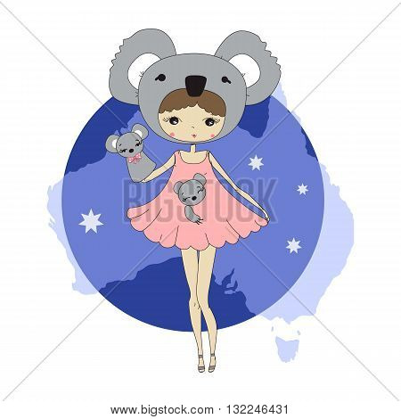 Cute little girl in a suit of coala with a toy. Character design illustration. Halloween. Masquerade. Print for children. Background for kids
