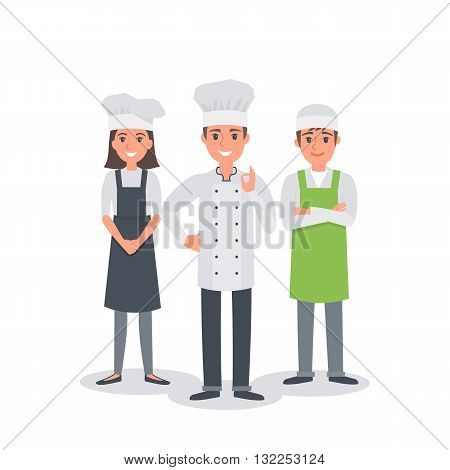 Professional chef group. Сhief-cooker with assistants. Vector people illustration.