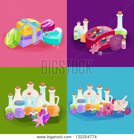 Bottles with organic essential aroma oil and soap bar set vector illustration