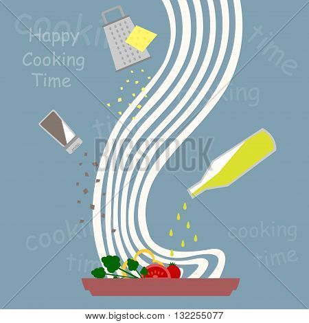 illustration of cooking spaghetti pasta with vegetables