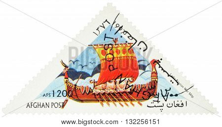 MOSCOW RUSSIA - MAY 17 2016: A stamp printed in Afghanistan shows image of ancient russian war ship Ladia series "Sailing Ships" circa 1997