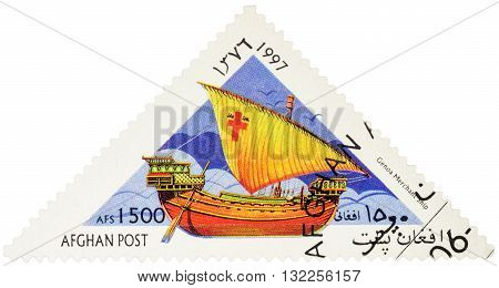 MOSCOW RUSSIA - MAY 17 2016: A stamp printed in Afghanistan shows image of ancient Genoa merchant ship series "Sailing Ships" circa 1997