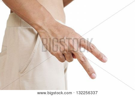 Hand showing two fingers, isolated on white background