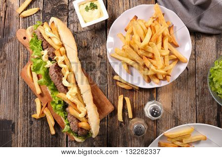 americain sandwich with beef and french fries