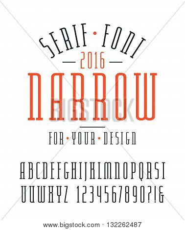 Narrow serif font and numbers. Medium face. Isolated font on white background