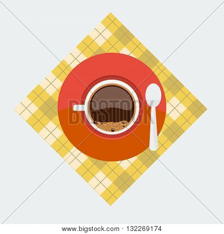 Cup top view. Cup and sauser with coffee and coffee bubbles top view on napkin with flat color style design. Concept of breakfast coffee break.