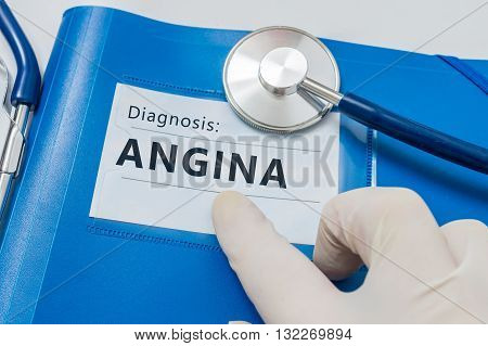 Angina Pectoris Diagnosis On Blue Folder With Stethoscope.