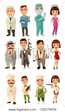 Set icon character cook mafia doctor. Waiter chef waitress don capo soldier dancer. Vector flat illustration on white background