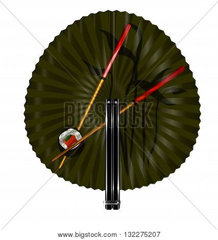white background and the round green fan with chopstics and sushi