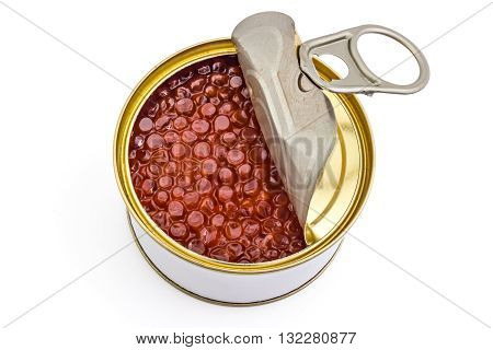 Red caviar in opened tin can isolated on a white background. Gourmet canned food close up with copyspace