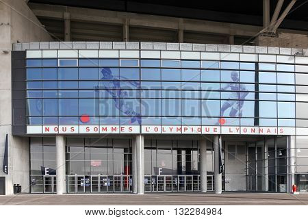 Lyon, France - March 21, 2016: Facade of The Parc Olympique stadium in Lyon. The Parc Olympique is a 60000 seat stadium for French football club Olympique Lyonnais and Euro 2016