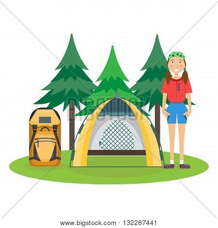 Travel hiking concept. Forest holidays composition. Girl standing near tent. Camping. Forest rest. Vector illustration. Flat cartoon style