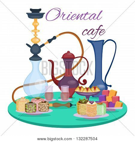 Oriental cafe banner. Dessert table. Hookah and tea, sweets and dessert, teapot and glasses on the table. Arabian Coffee break. Oriental sweets. Vector illustration, cartoon style