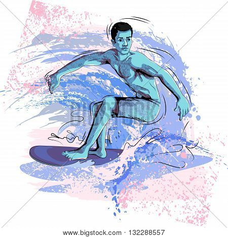 Concept of surfer surfing on wave. Vector illustration