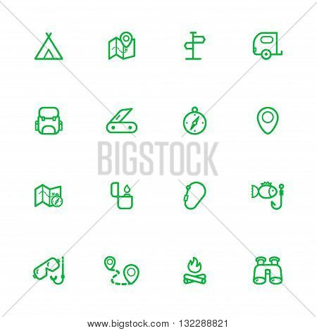 Travel green line icons set of 16