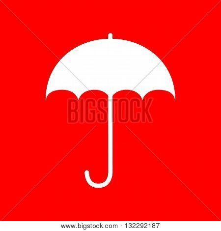 Umbrella sign icon. Rain protection symbol. Flat design style. White icon on red background.