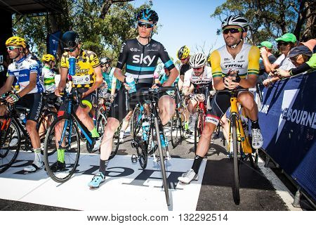 MELBOURNE, AUSTRALIA - FEBRUARY 7: Chris Froome of Team Sky and Jack Bobridge of Trek Segafredo before the start of Stage 4 on the final day of the Jayco Herald Sun Tour 2016