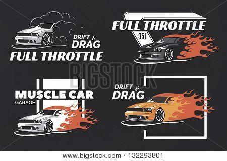 Set of muscle logo badges and emblems on dark grunge background. Service car repair car restoration and car club design elements. T-shirt design. American muscle car for printing.