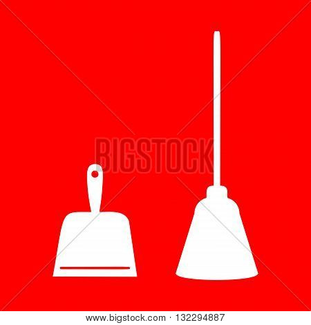 Dustpan vector sign. Scoop for cleaning garbage housework dustpan equipment. White icon on red background.