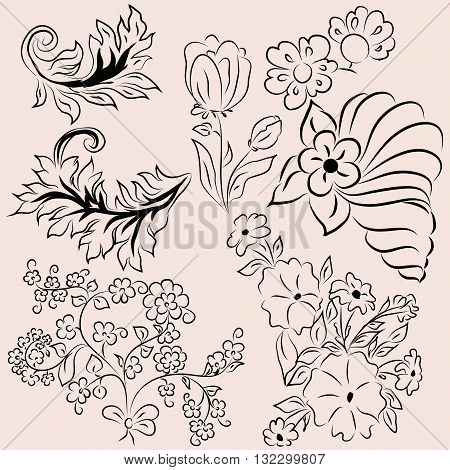 Elements of flowers and other objects for your design. Monochrome.