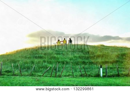Painting of three friends sitting on a grass meadow on a hillock talking.