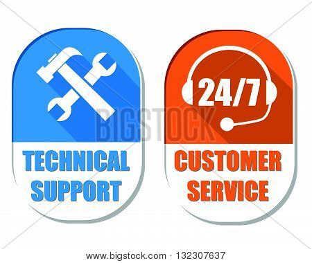technical support with tools sign and 24/7 customer service with headset symbol, two elliptic flat design labels with icons, business attendance concept, vector