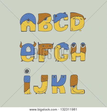 Colorful vector illustration with childish fun monster font isolated on background. Hand drawn letters sequence from A to L good for kids cartoon lettering design dedicated to monsters and aliens.