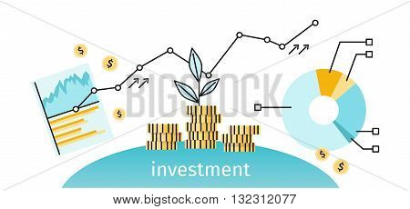 Finance investment concept banner. Graph or chart the growth of financial investment. Business Pie Chart increase in profits money. Metaphor sprout grew on a stack of gold coins. Vector illustration