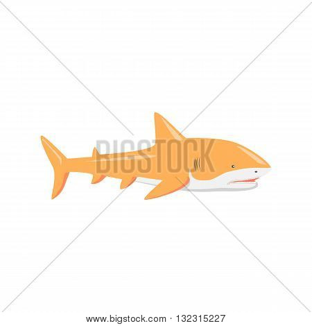 Marine predator shark design flat. Dangerous predator shark with fins and tail and sharp teeth. Aggressive fish creation of nature in orange color living in the ocean or the sea. Vector illustration