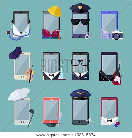 Set of smarphone in costume different professions. Collection of mobile suits chef with a cap, a photographer with a camera, a musician with a guitar, a businessman in glasses. Vector illustration